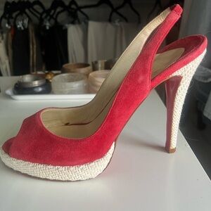 RARE Christian Louboutin vintage red suede and woven slingback heels